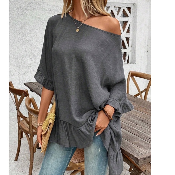 Solid charcoal Grey 3/4 Sleeve Ruffle hem Oversized Top - Picture 4 of 6
